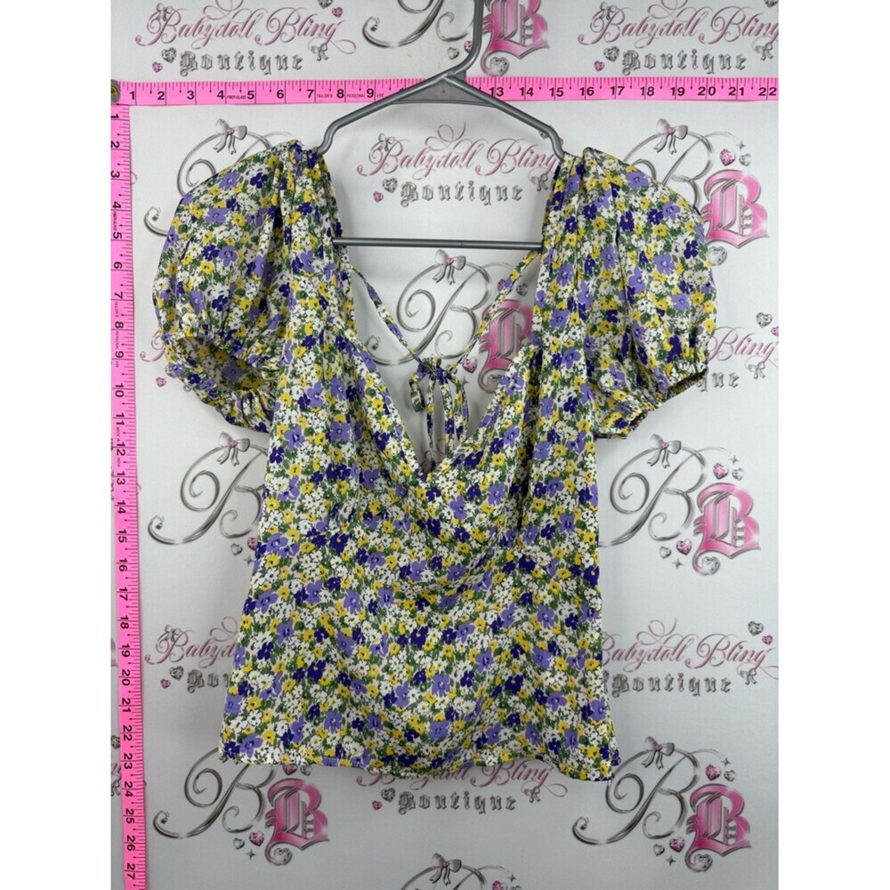 Missguided shirt floral Tie-Back Puff Sleeve Top - Purple, Yellow, Green, White